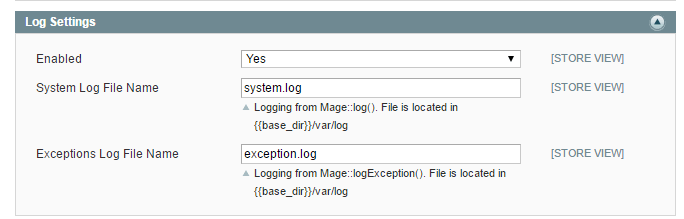 turnon-errorlog Magento system log error log